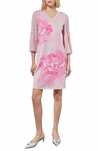 Ming Wang Floral Print Metallic Pleated Sleeve Shift Dress