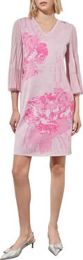Ming Wang Floral Print Metallic Pleated Sleeve Shift Dress