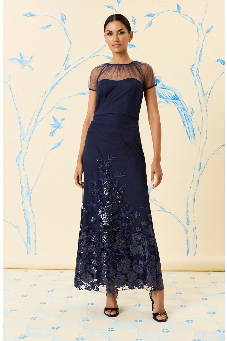 Floral Appliqué Detail Mesh Gown, Alternate, color, NAVY