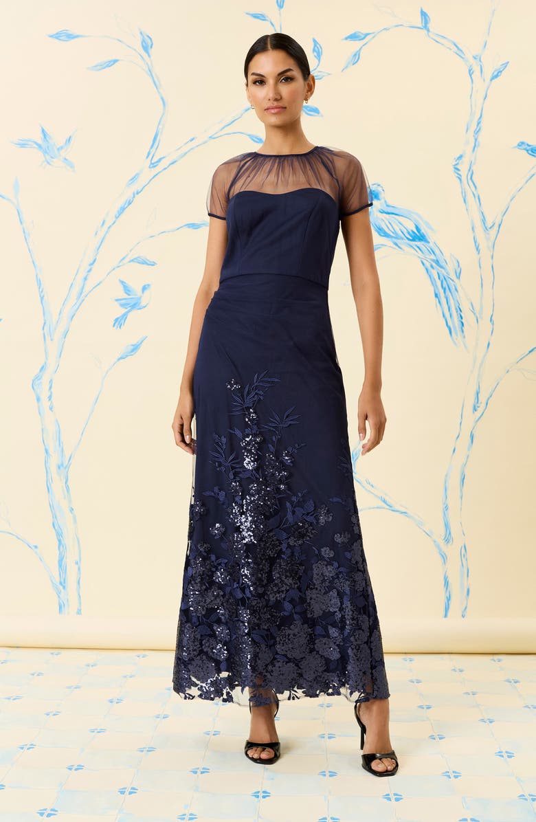 Maggy London Floral Appliqué Detail Mesh Gown, Alternate, color, Navy