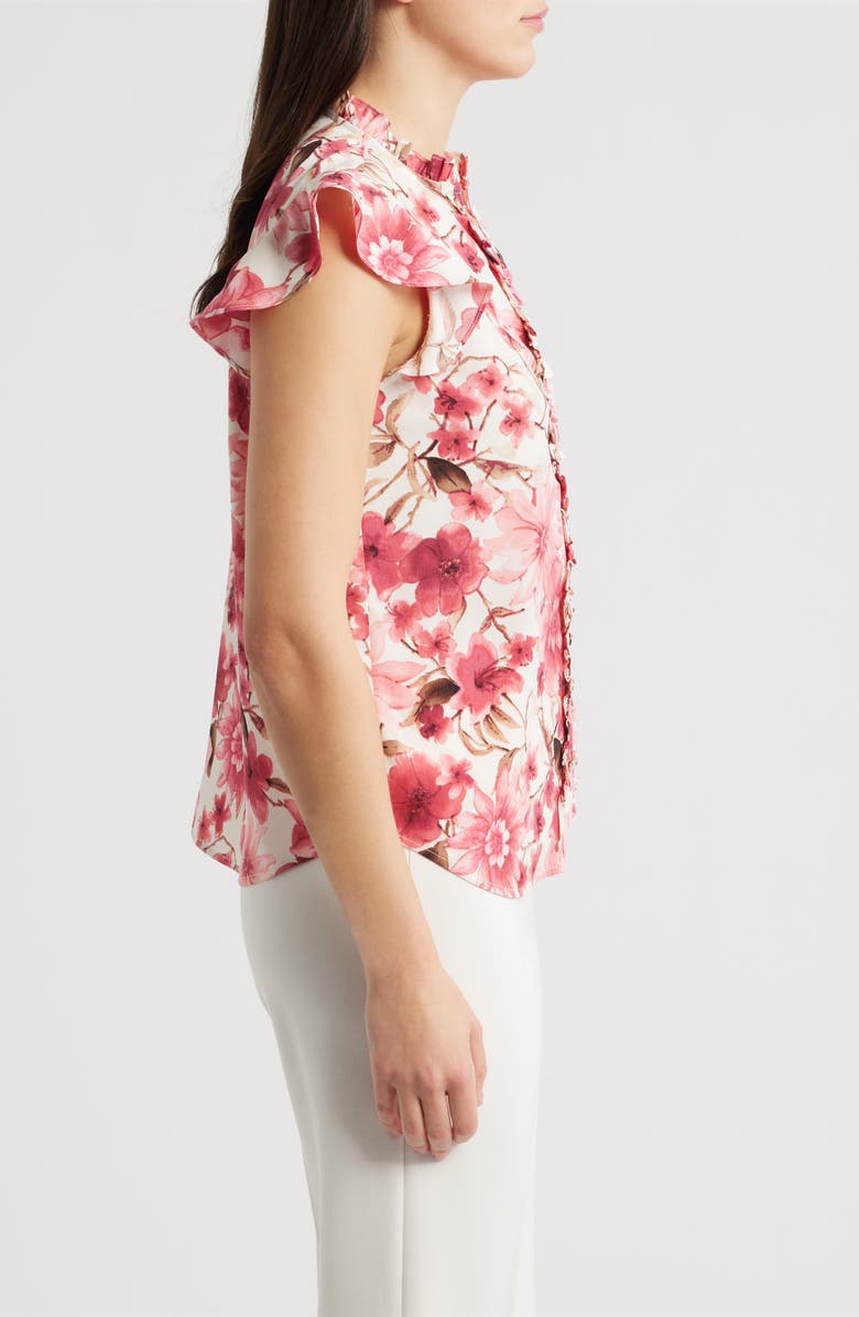 AK ANNE KLEIN Ruffle Accent Short Sleeve Button-Up Shirt, Alternate, color, Pink Berry Multi