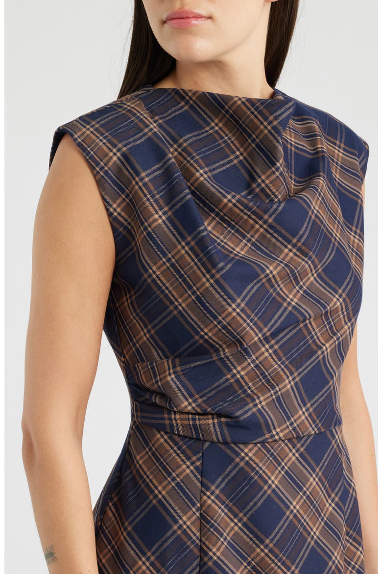 Plaid Pleated Midi Dress, Alternate, color, NAVY BROWN