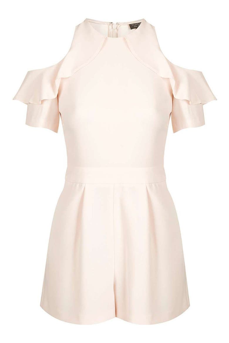 Ruffle Cold Shoulder Romper, Alternate, color, NUDE