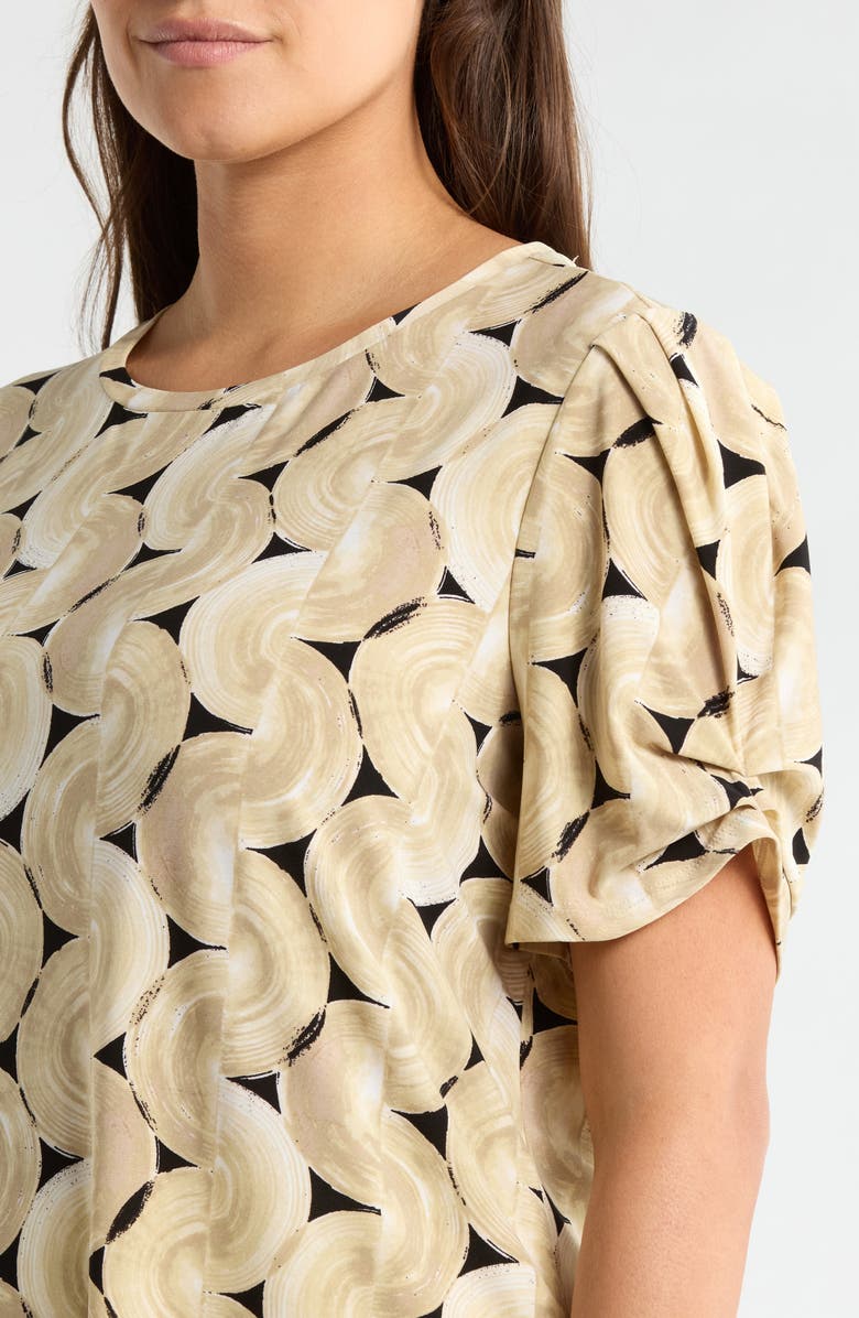 AK ANNE KLEIN Print Pleat Short Sleeve Top, Alternate, color, Latte Multi