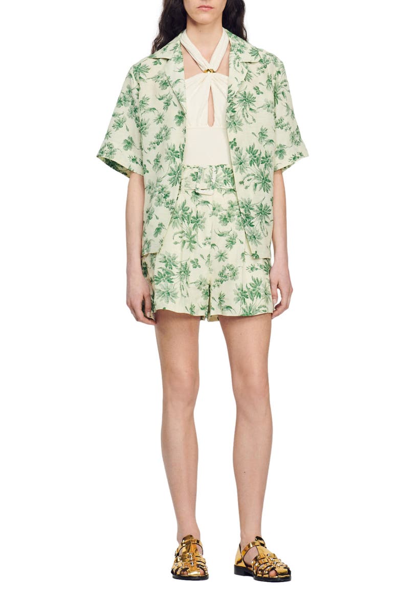 Leman Floral Belted Linen Blend Shorts, Alternate, color, ECRU - VERT