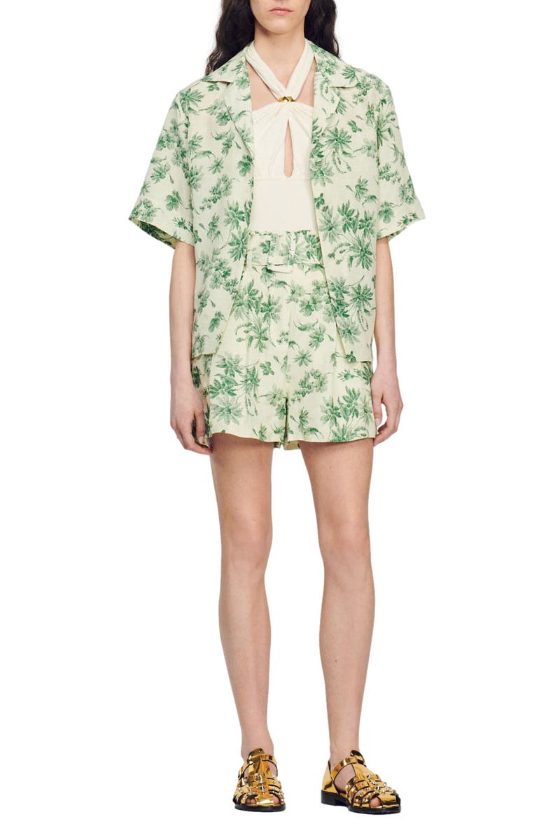 SANDRO Leman Floral Belted Linen Blend Shorts, Alternate, color, Ecru - Vert