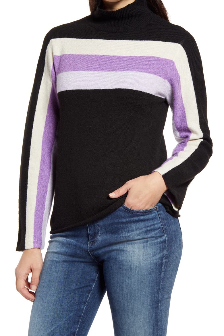 Stripe Detail Mock Neck Sweater (Nordstrom Exclusive), Main, color, BLACK/ AMETHYST CRYSTAL