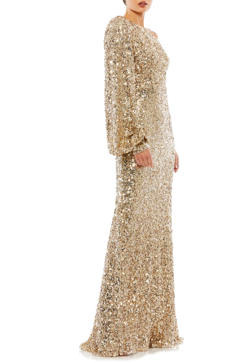 Sequined One Shoulder Bishop Sleeve Trumpet Gown, Alternate, color, GOLD