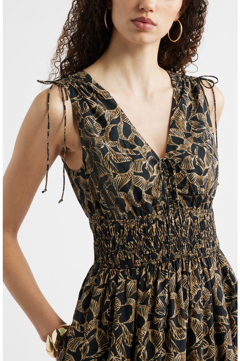 Print Smocked Waist Sleeveless Maxi Dress, Alternate, color, BLACK- TAN LEAF GLOBAL