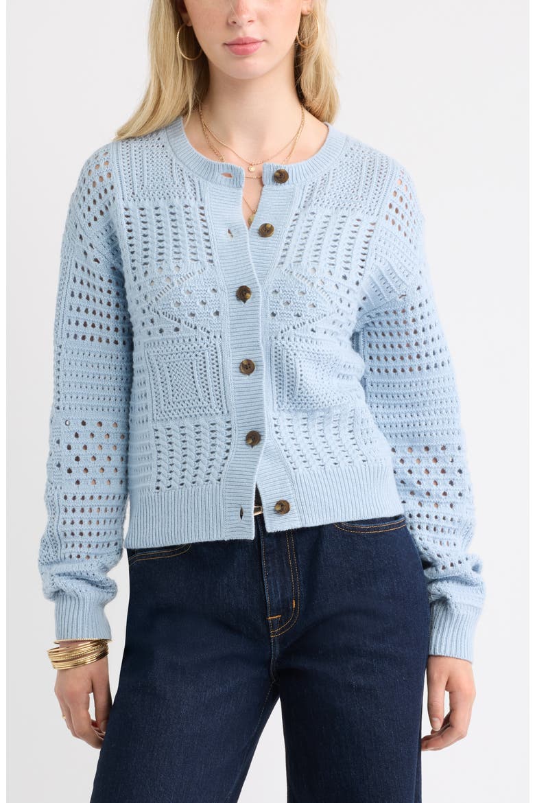 Patchwork Pointelle Cardigan, Main, color, BLUE FOG