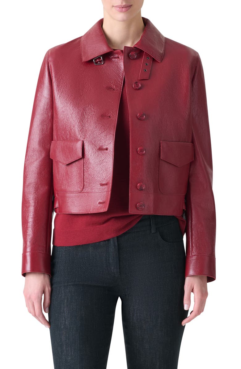 Akris Peer Lacqured Leather Crop Jacket, Main, color, Ruby Red