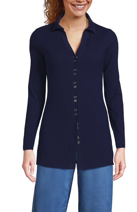 Long Sleeve Polished Rib Button Through Tunic Shirt