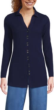 Lands' End Long Sleeve Polished Rib Button Through Tunic Shirt