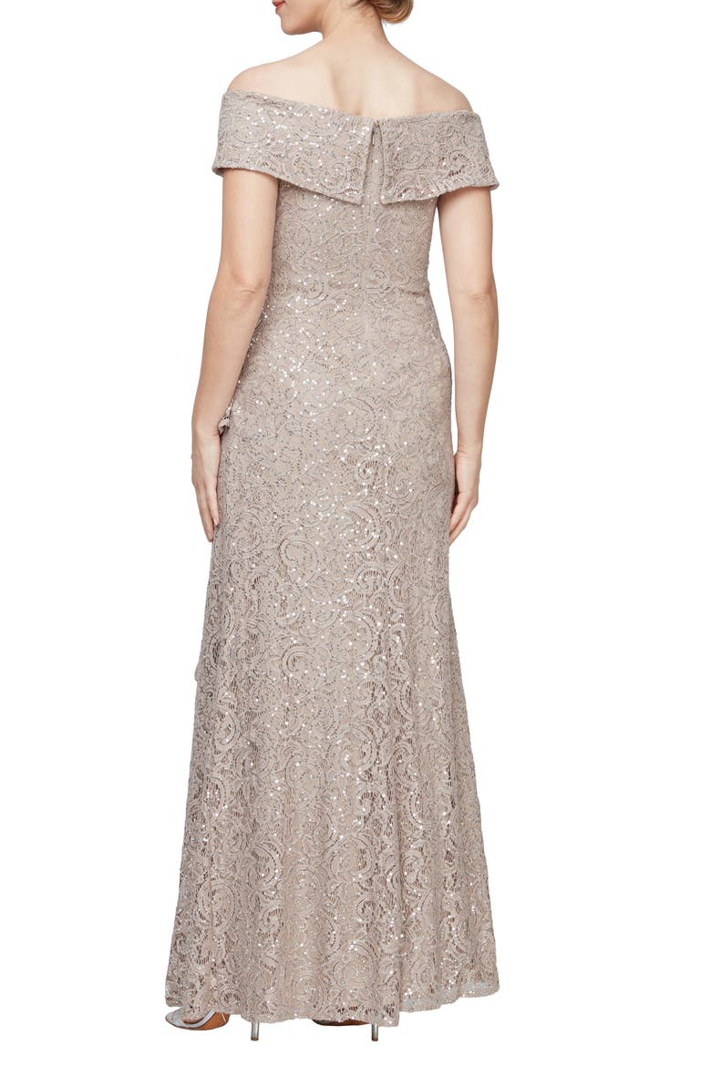 Sequin Off the Shoulder Lace Gown, Alternate, color, BUFF