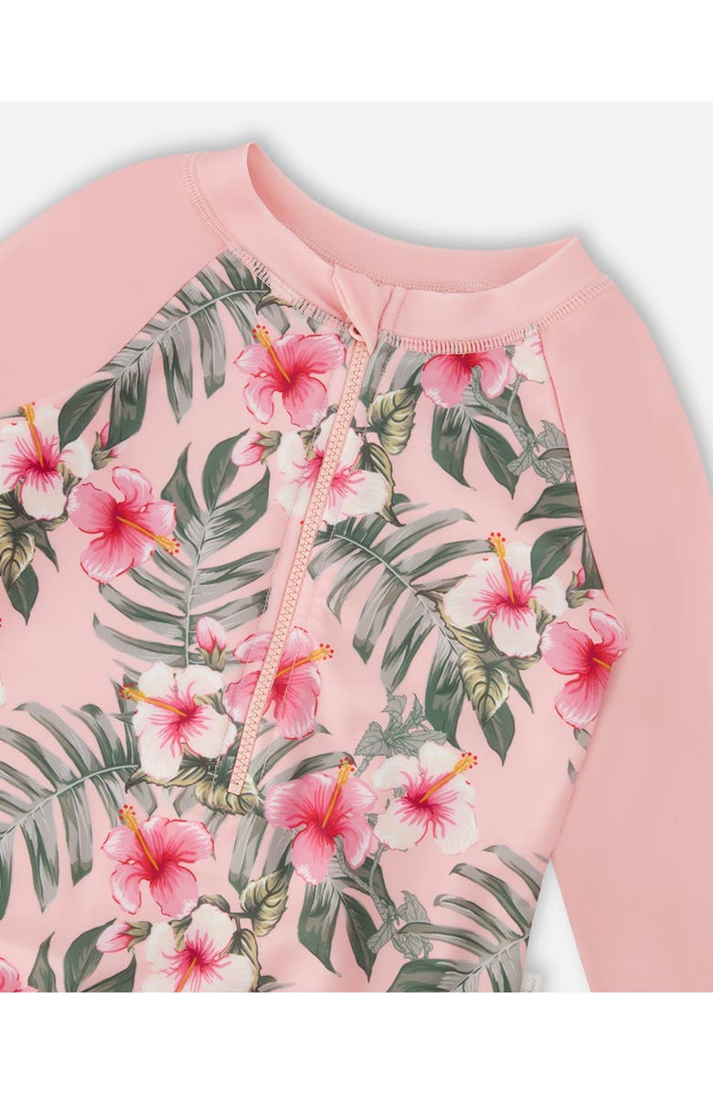 Deux par Deux One-Piece Long Sleeve Hibiscus Rashguard, Alternate, color, Pink Hibiscus Print