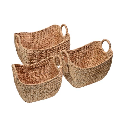 Happimess Nellie Farmhouse Classic Handwoven Hyacinth Storage Boat Baskets With Handles, In Natural