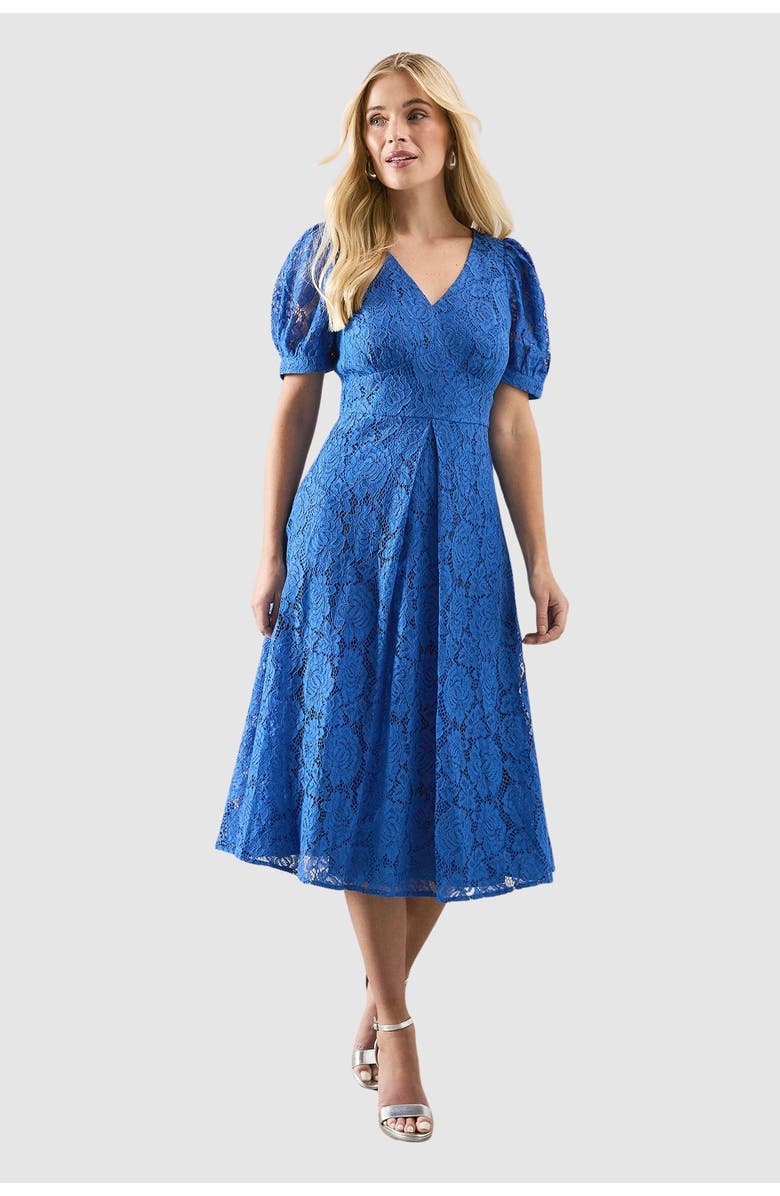 Wallis Petite Lace V-Neck Tea Midi Dress, Main, color, Blue