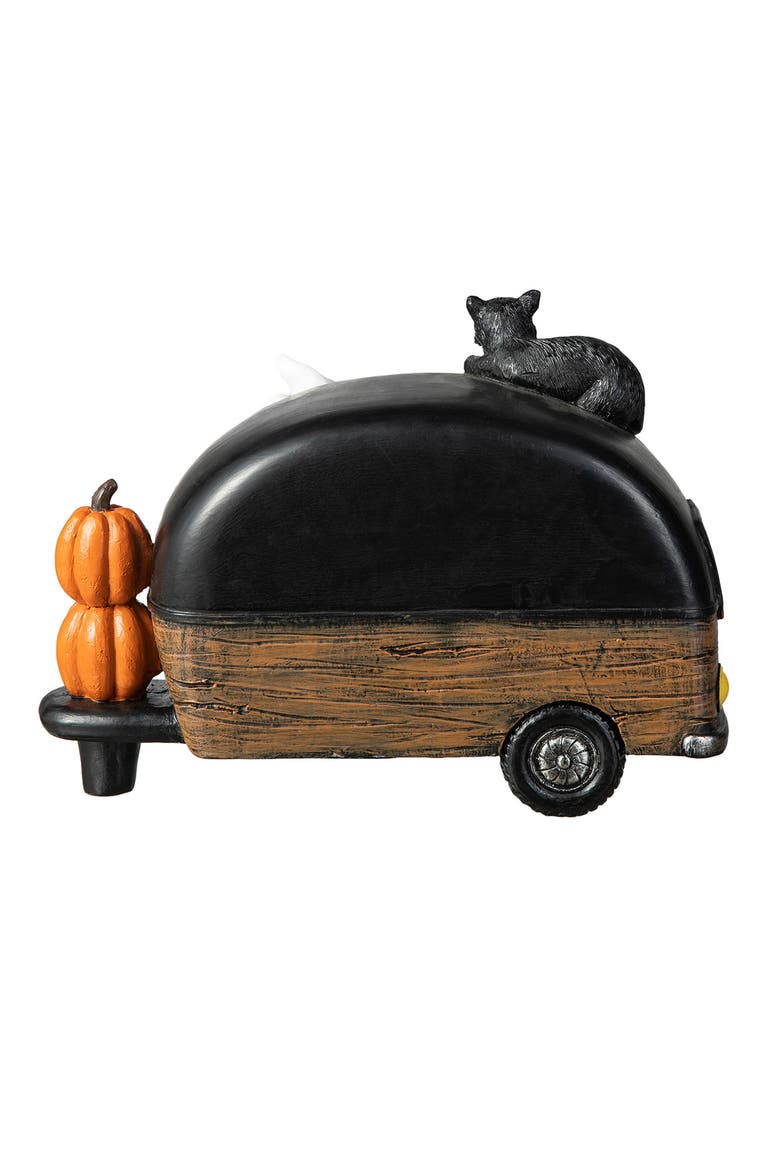 Halloween Polyresin Lighted Camper with Ghost Black Cat Table Decor, Alternate, color, Black