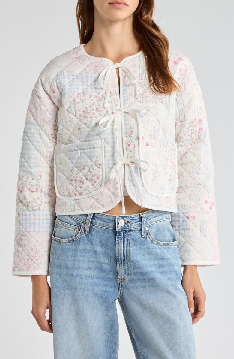 All in Favor Tie Front Quilted Jacket, Main, color, Blush Blue Patchwork