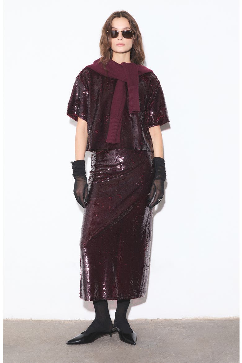 Logan Sequin Maxi Skirt, Alternate, color, BORDEAUX