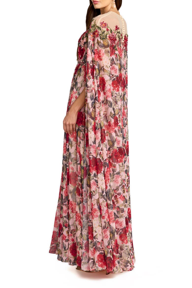Floral Printed Chiffon High Neck Cape Gown, Alternate, color, Rose Multi
