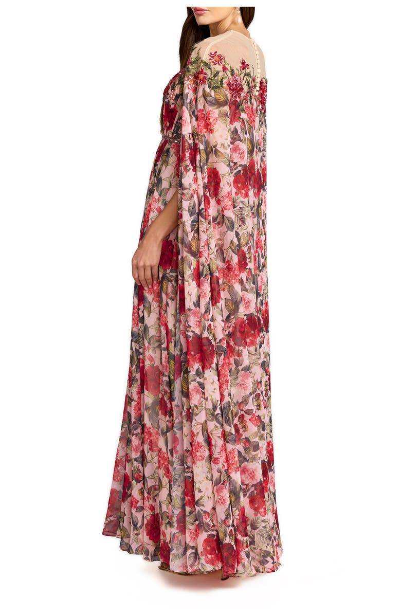 Mac Duggal Floral Printed Chiffon High Neck Cape Gown, Alternate, color, Rose Multi