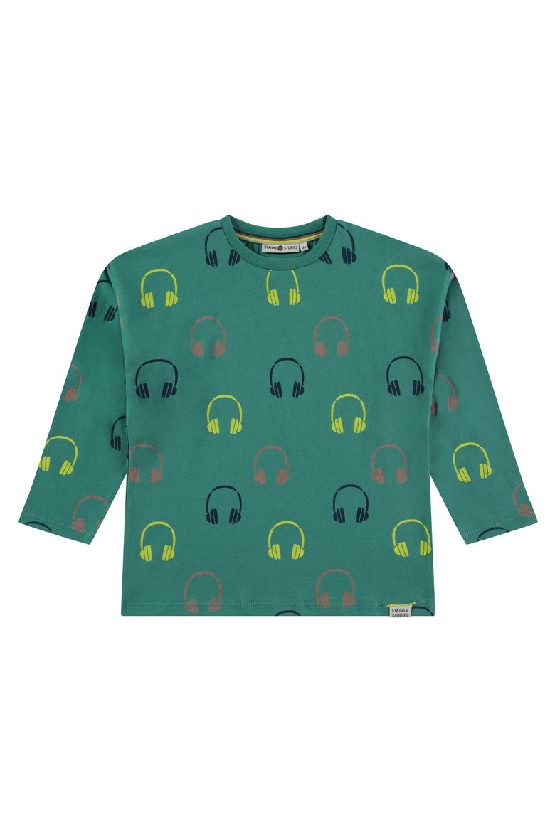 Allover Headphones Crewneck Long Sleeve T-Shirt, Main, color, Smaragd