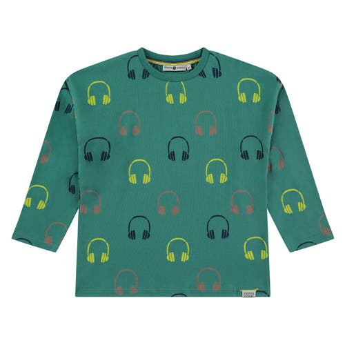 Stains And Stories By Babyface Kids' Allover Headphones Crewneck Long Sleeve T-shirt In Green