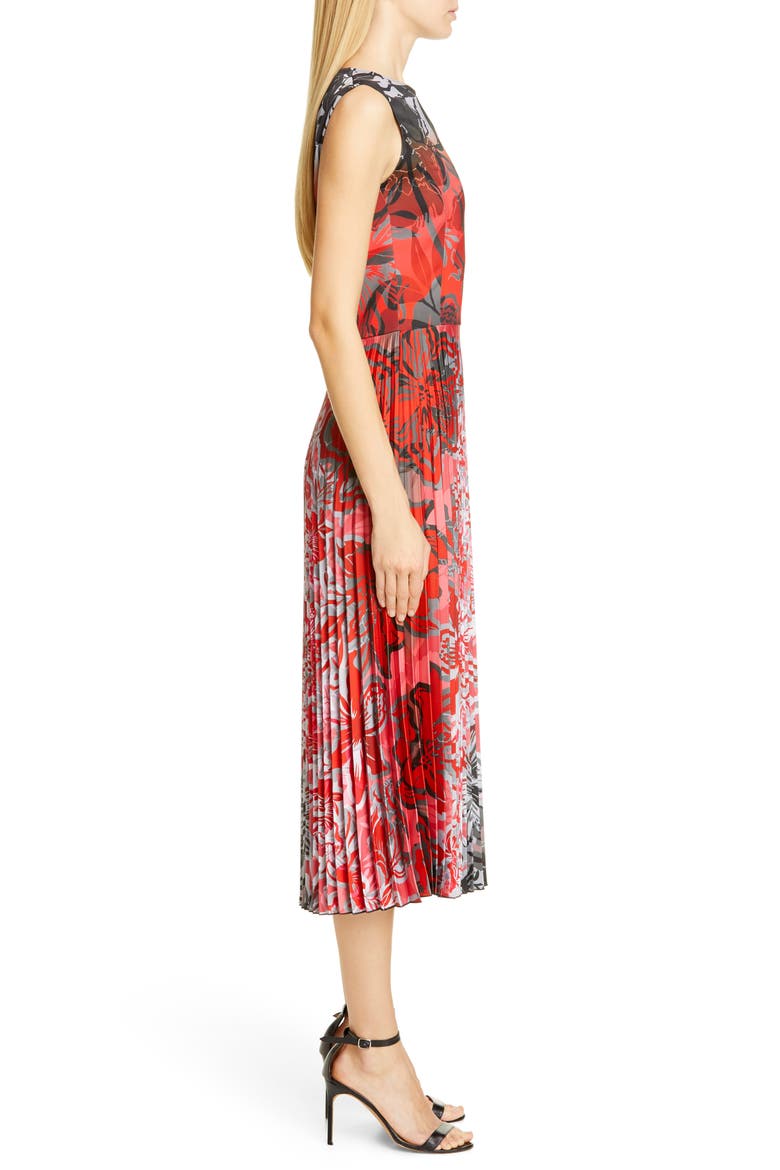 Dégradé Floral Pleated Midi Dress, Alternate, color, RUBINO