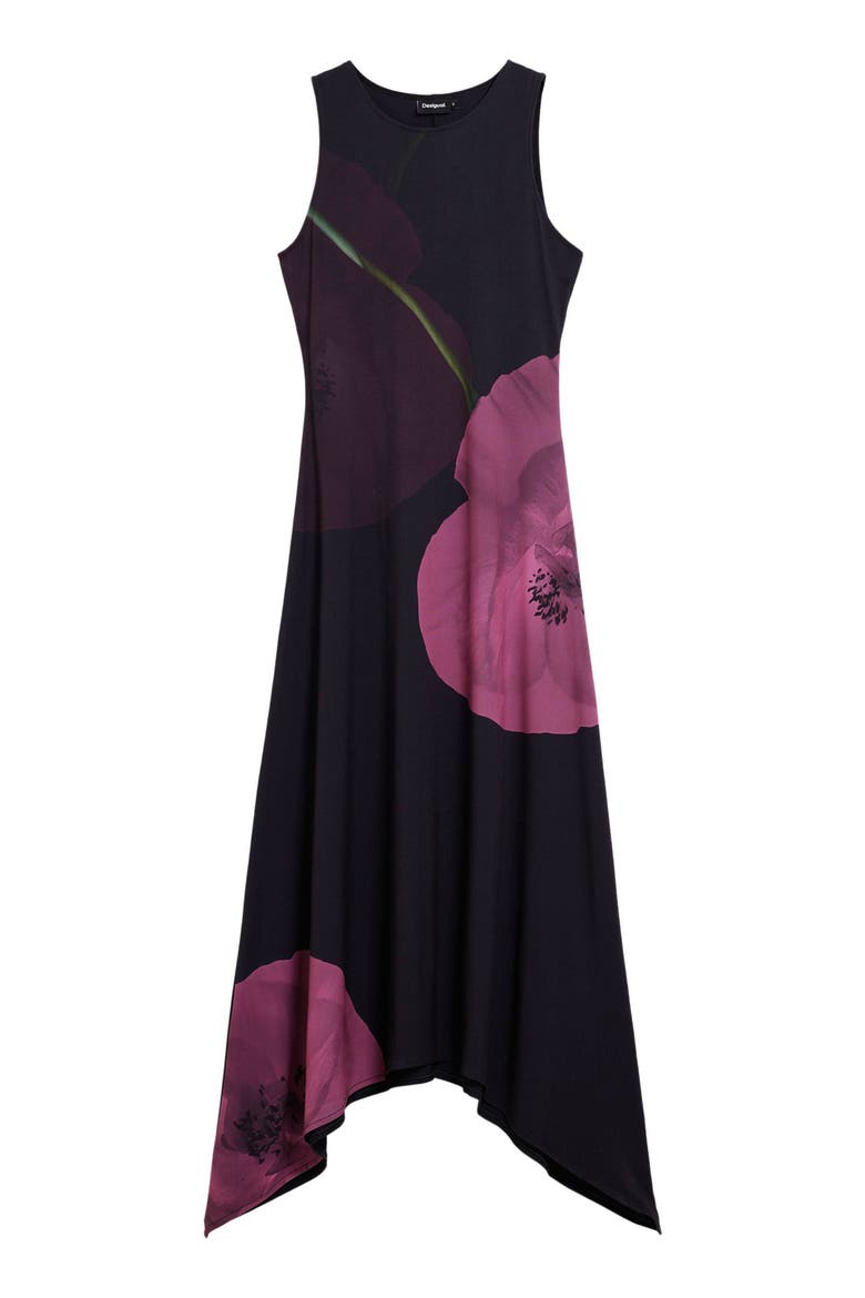 Print Asymmetric Hem Midi Dress, Alternate, color, BLACK