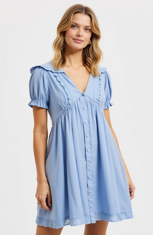 Modenaire Button-front Mini Dress With Lace Trim Puff Sleeves And Ruffle Details In Blue