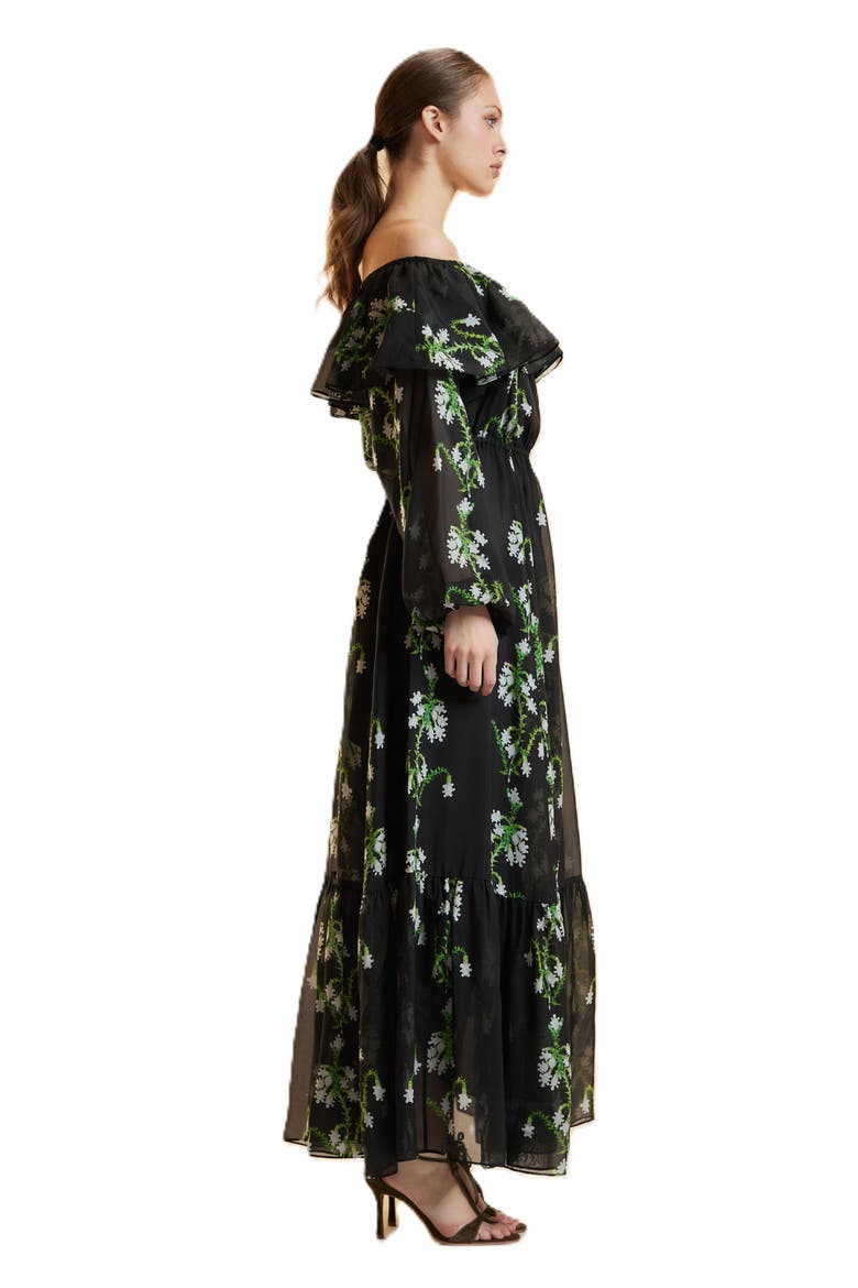 Off Shoulder Silk Maxi Dress, Alternate, color, Black Vine Floral