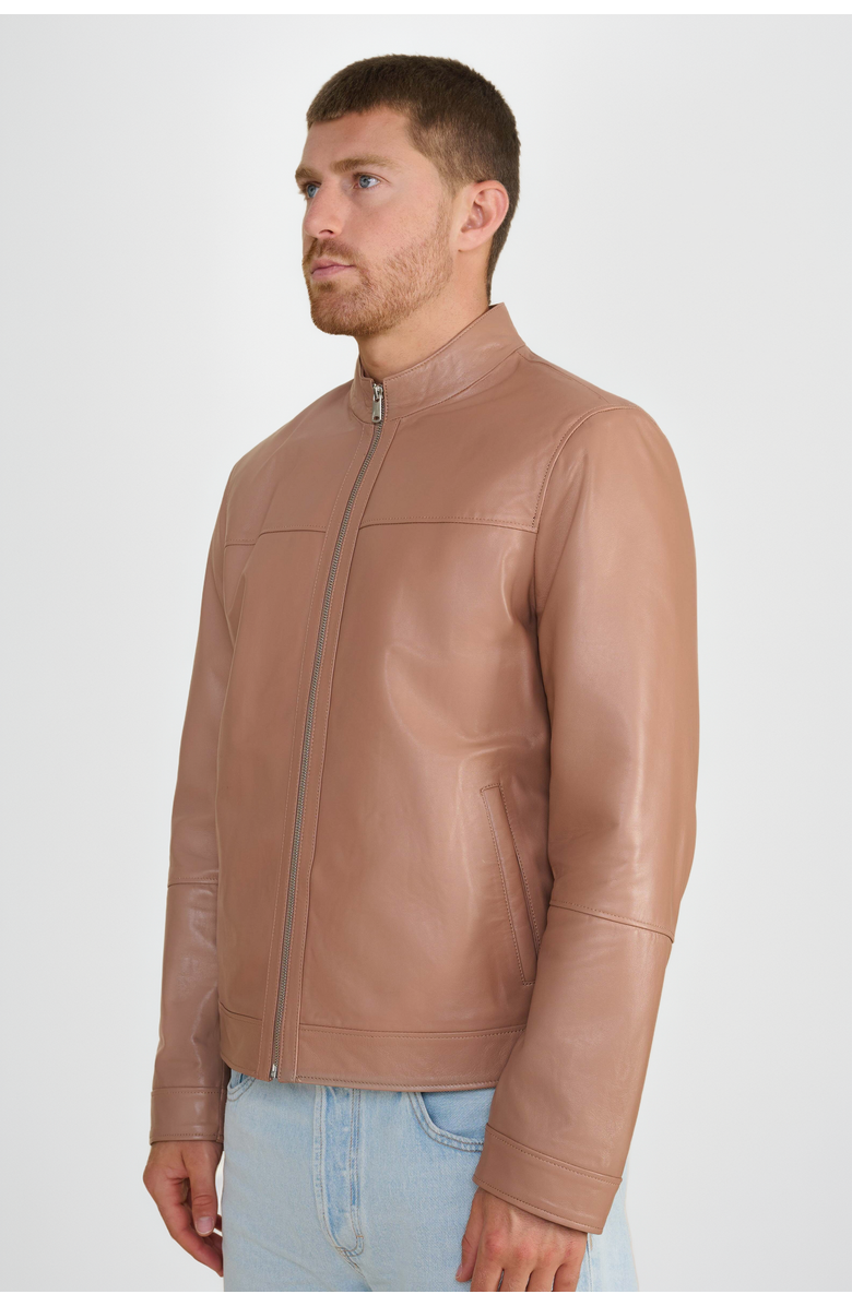 Furniq UK Otis Racer Leather Jacket, Alternate, color, Mocha Brown