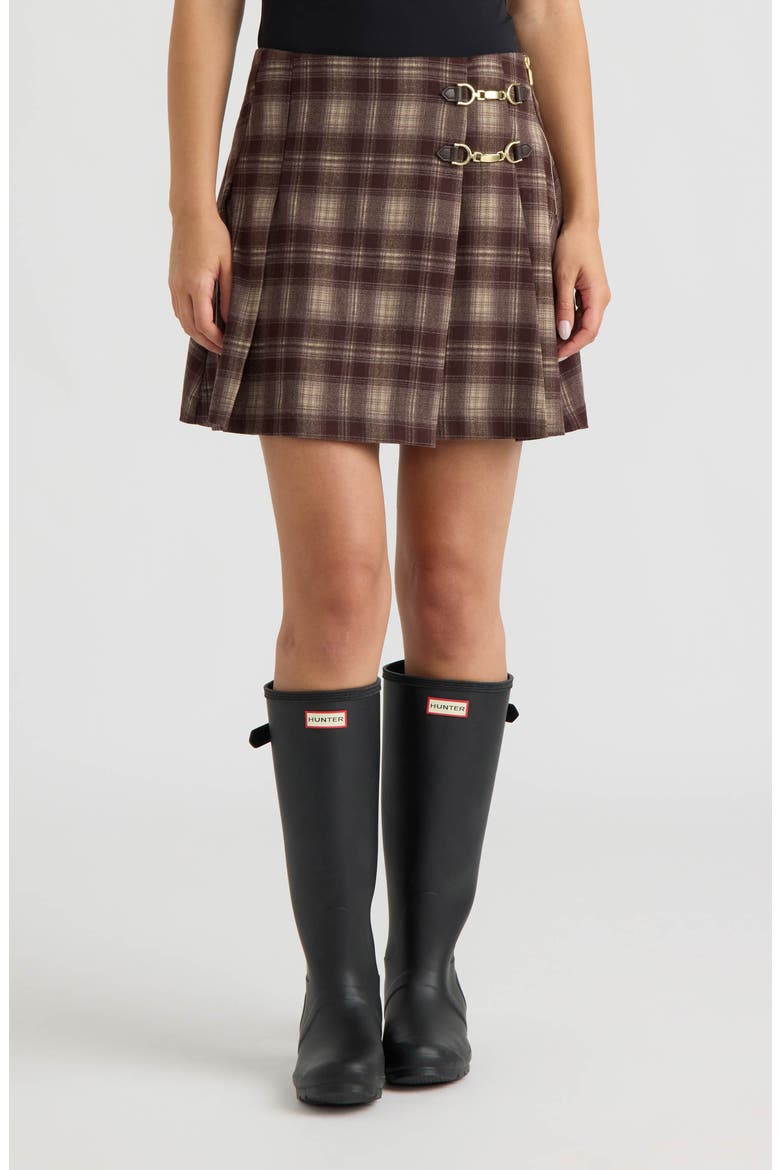 Plaid Pleated Wrap Miniskirt, Main, color, BROWN PLAID