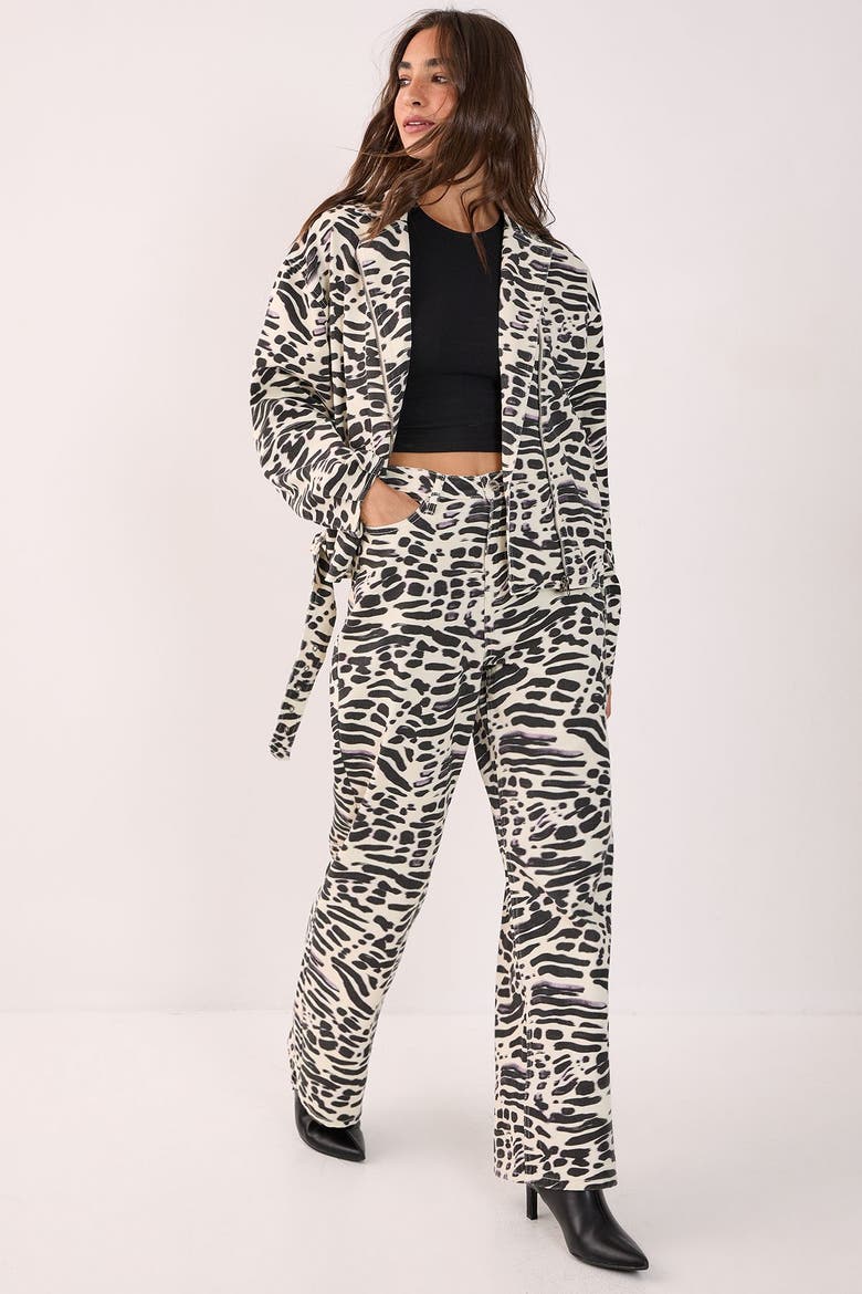 Denim Animal Print Biker Jacket, Alternate, color, White