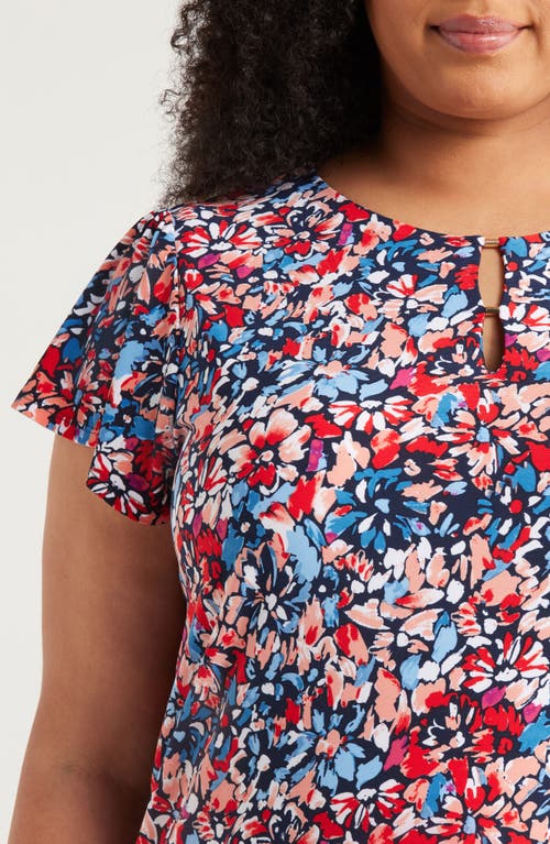 Jones New York Floral Flutter Sleeve Top In Coral Sun Multi