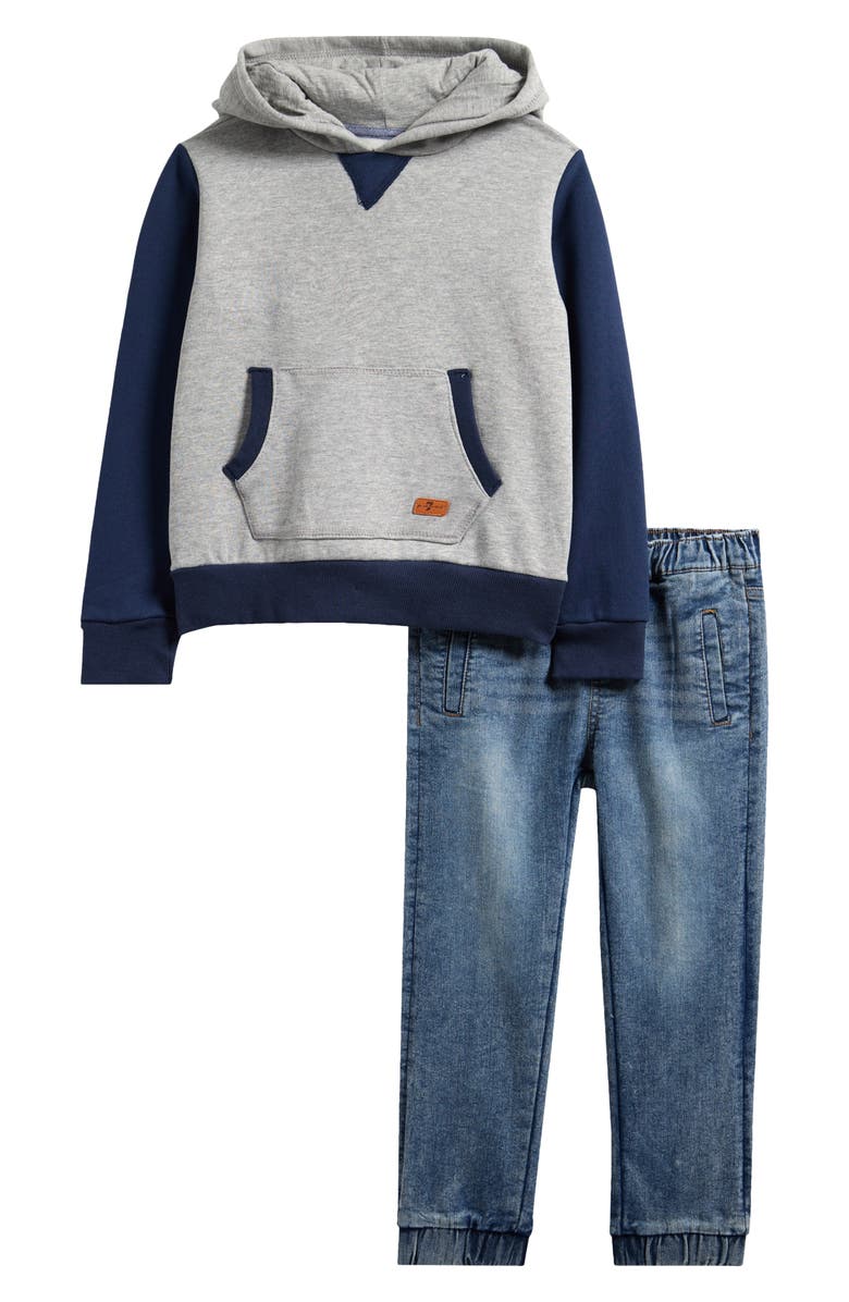 7 For All Mankind Kids' Hoodie & Denim Joggers Set, Main, color, Heather Grey