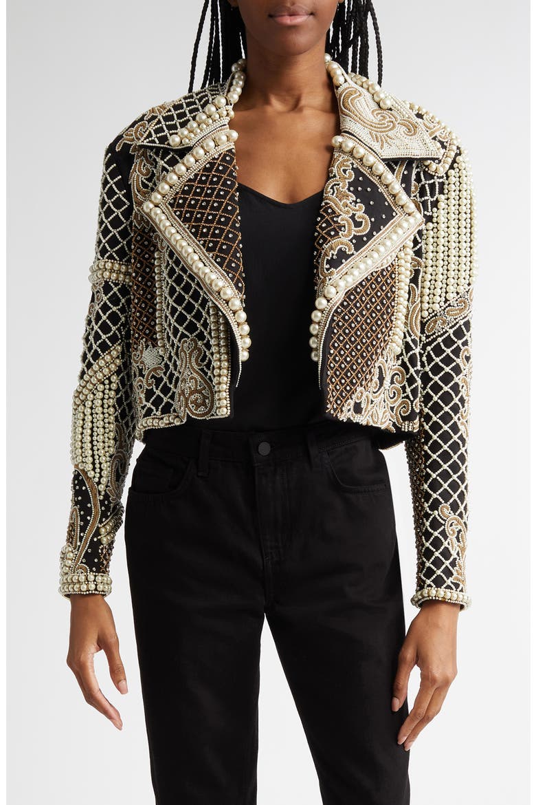 Embellished Oversize Jacket, Main, color, BLACK/ SILVER/ PEARL