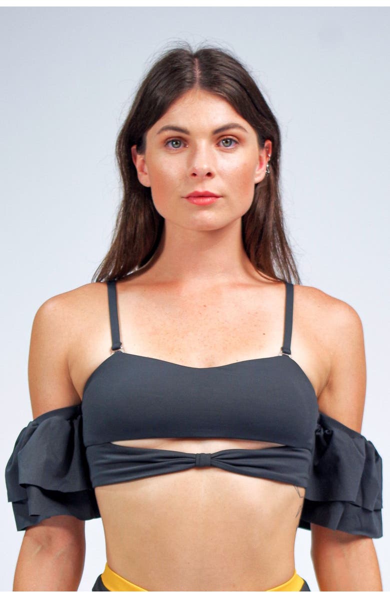 Mary Mercedes Ty Cutout Bikini Top With Ruffle Sleeves, Alternate, color, Charcoal Grey