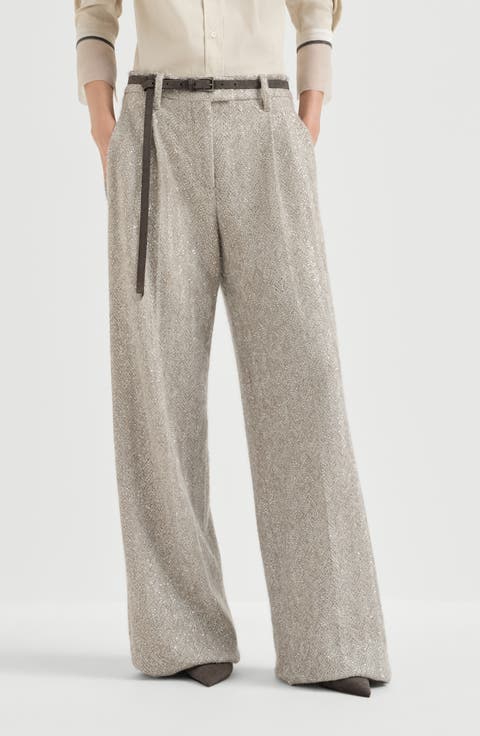 Dazzling chevron embroidery loose pleated trousers in sparkling mohair and wool