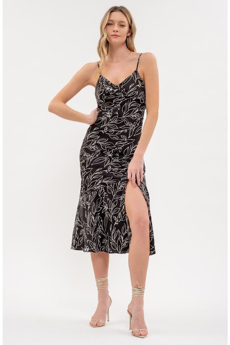 Leaf Print Midi Dress, Alternate, color, BLACK