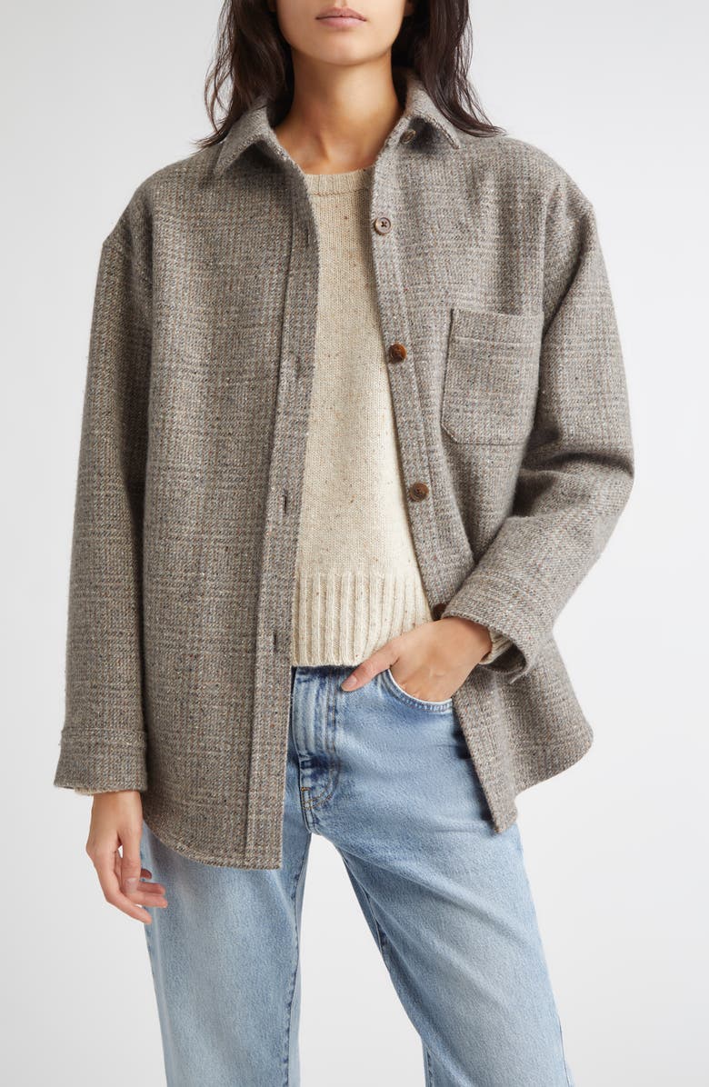 Johnstons of Elgin Oversize Check Cashmere & Wool Overshirt, Main, color, Ash Small Glen Urquhart Check