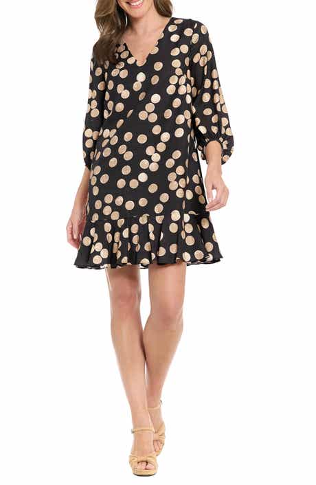 London Times Polka Dot Balloon Sleeve Ruffle Hem Shift Dress