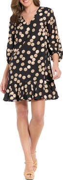 London Times Polka Dot Balloon Sleeve Ruffle Hem Shift Dress