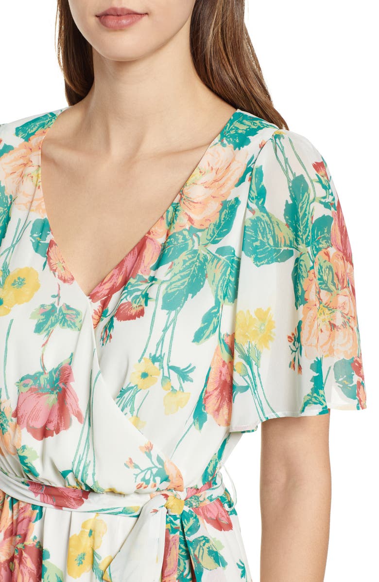 Leith Flutter Sleeve High/Low Dress, Alternate, color, Ivory Bold Rose