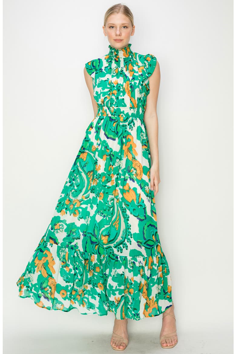 Smocked Mock Neck Tiered Maxi Dress, Alternate, color, GREEN ORANGE