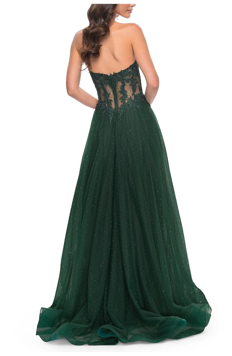 La Femme A-Line Tulle Ballgown with Lace Illusion Bodice, Alternate, color, Dark Emerald