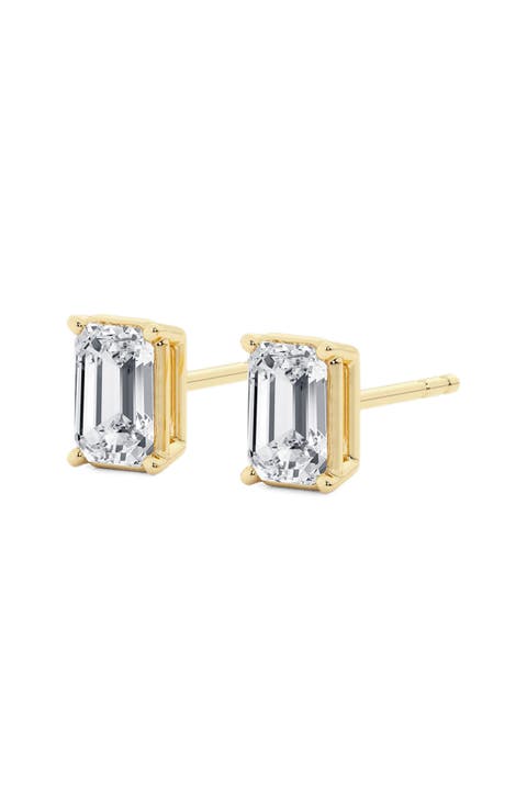 14K Gold Emerald Cut Lab Created Diamond Stud Earrings