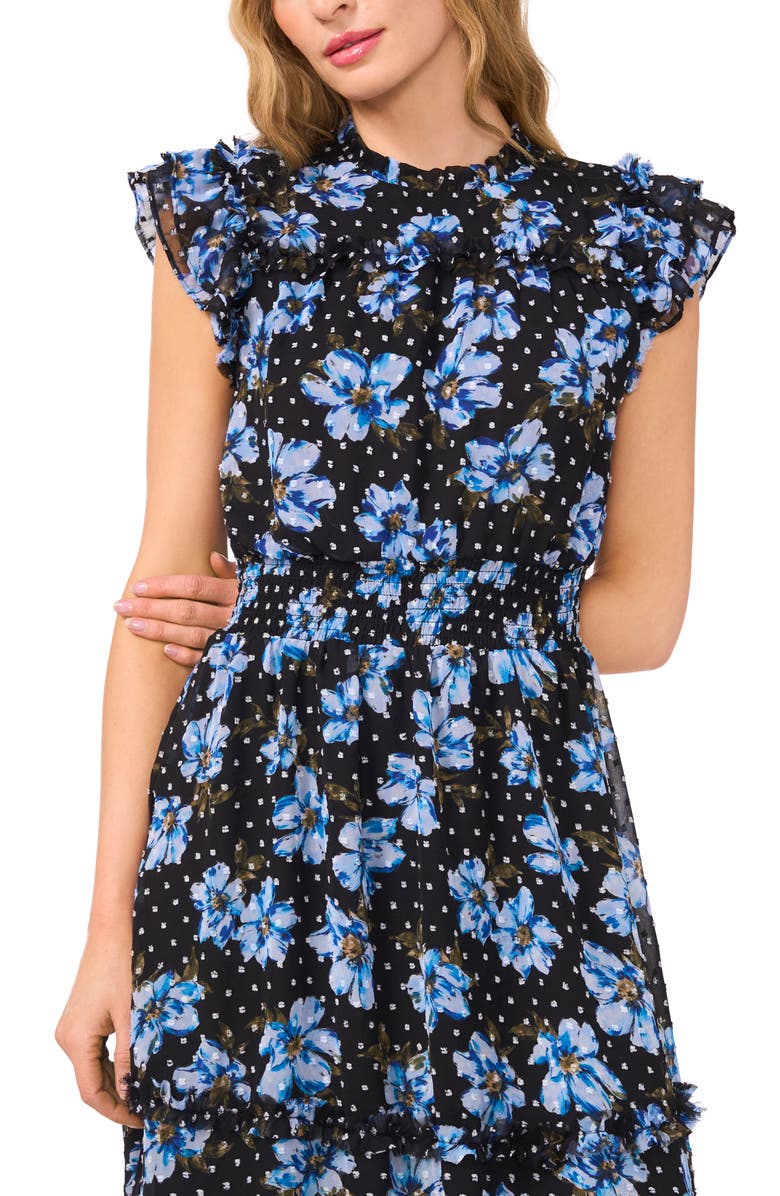 CeCe Floral Clip Dot Smocked Ruffle Midi Dress, Alternate, color,