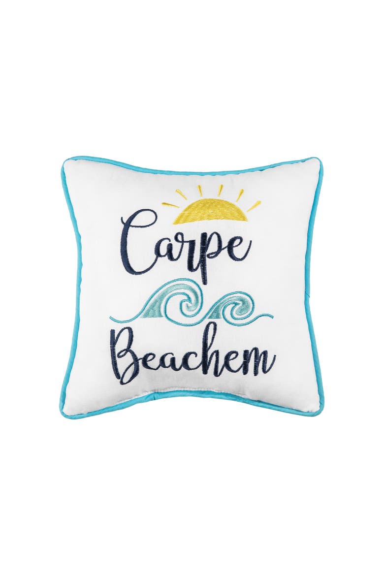 "Carpe Beachem" Embroidered Cotton Blend Small Petite Mini Accent Pillow 10" x 10", Main, color, Blue